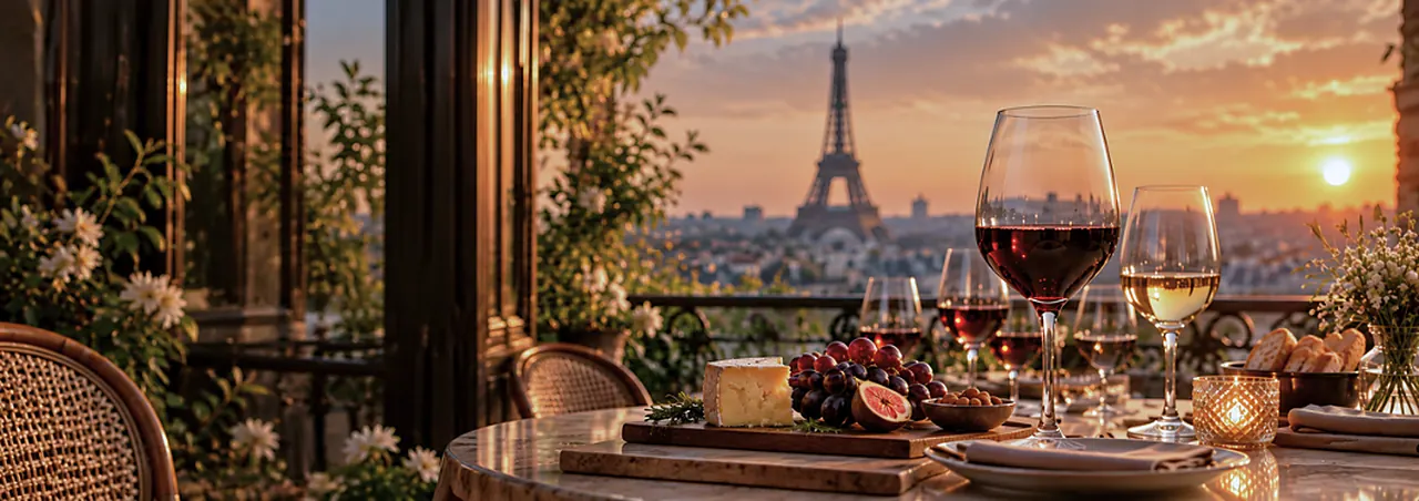 A Paris terrace at sunset, with wine glasses, a cheese board and the Eiffel Tower in the distance